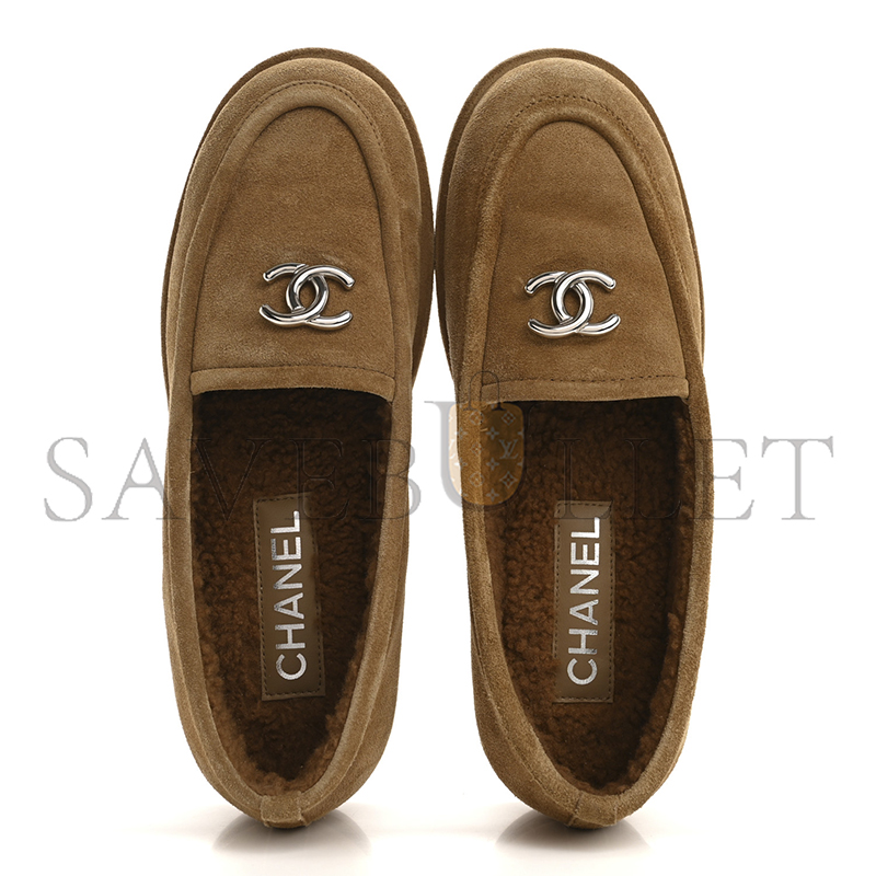 CHANEL SUEDE CALFSKIN CC LOAFERS DARK BEIGE 